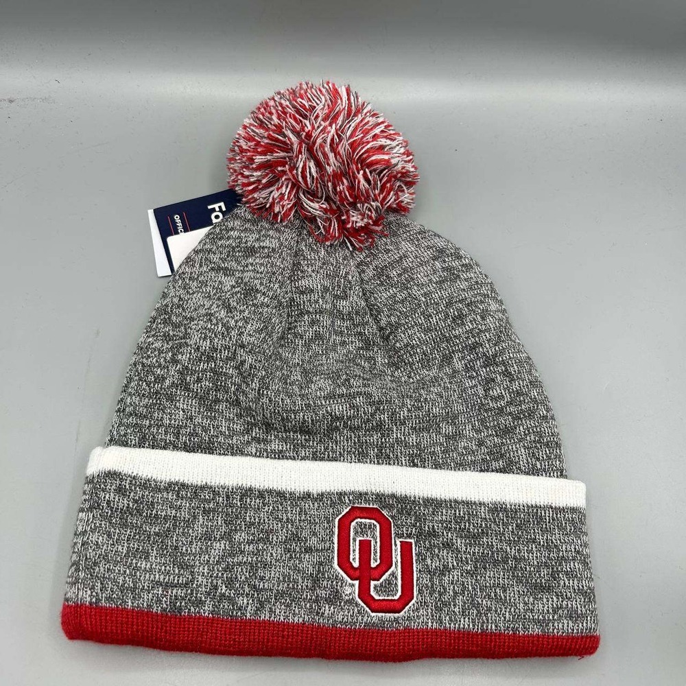 Oklahoma Sooners NCAA Hat Men Gray Knit Fanatics Cuffed Beanie Pom Pom Cap New
